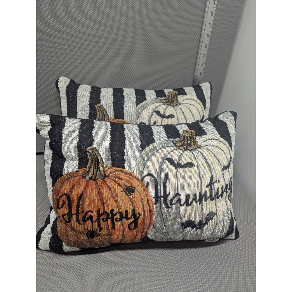 VTG Halloween Happy Haunting Pumpkin Striped Tapestry Throw Pillows Set of 2